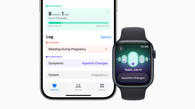 Apple Watch and iPhone showing pregnancy symptoms