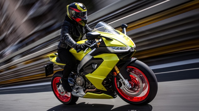 Yellow Aprilia RS 660 in motion