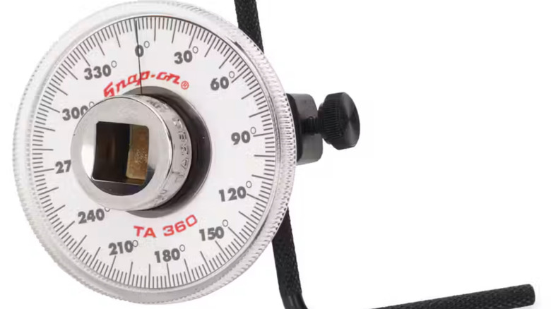 A square drive torque angle gauge attached to a hex wrench