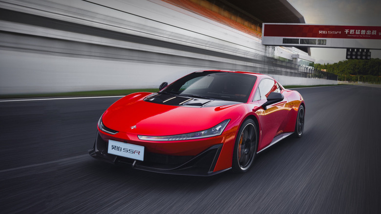 2025 GAC AION Hyptec Hyper SSR Sprint Edition dynamic image on track front 3/4 view