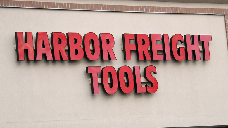 Harbor Freight Tools storefront signage in red lettering