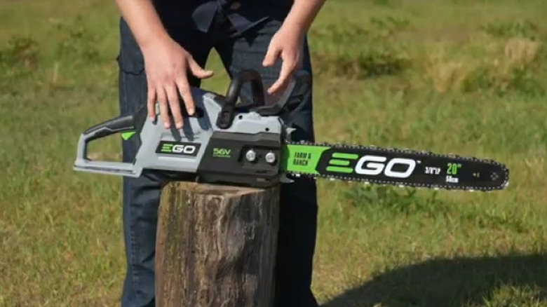 Ego chainsaw on a tree stump in front of a guy