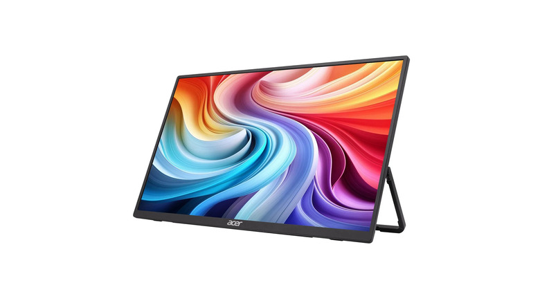 An Acer 15.6 Portable Monitor on a stand, showing a colorful wave.