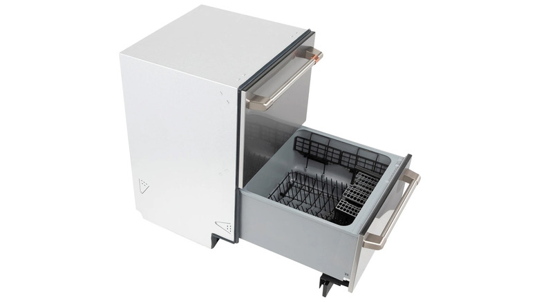A dual level dishwasher with the bottom drawer pulled out