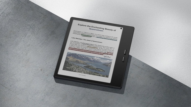 The Boox Go Color 7 e-reader placed on a half-gray, half-white surface, showing a bunch of notes on a page with an image of a lake on it
