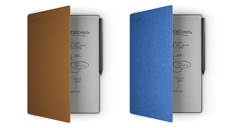 Two ReMarkable Paper Pro e-readers, one with a blue cover and the other with a yellow one, on a white background