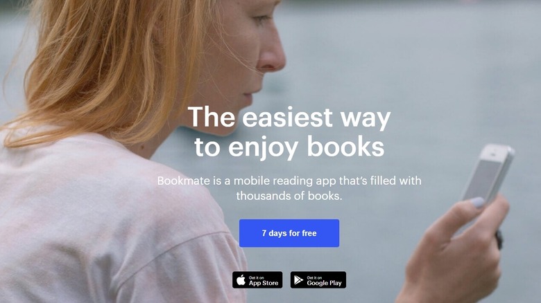 Woman looking at a device as a promotion for an eBook service