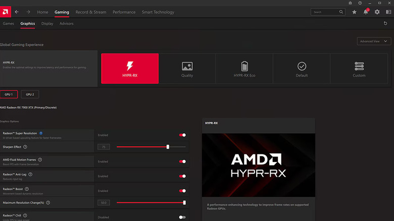 Showing the "Gaming" section of AMD software, with the AMD HYPR-RX profile in the bottom right corner