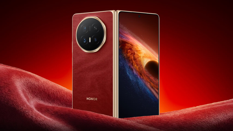 Honor Magic V6 folding smartphone in its Red color