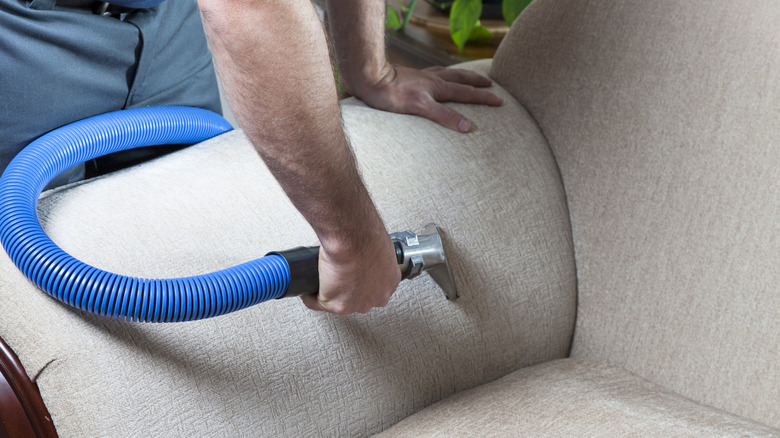 person using steam cleaner to clean couch cushion