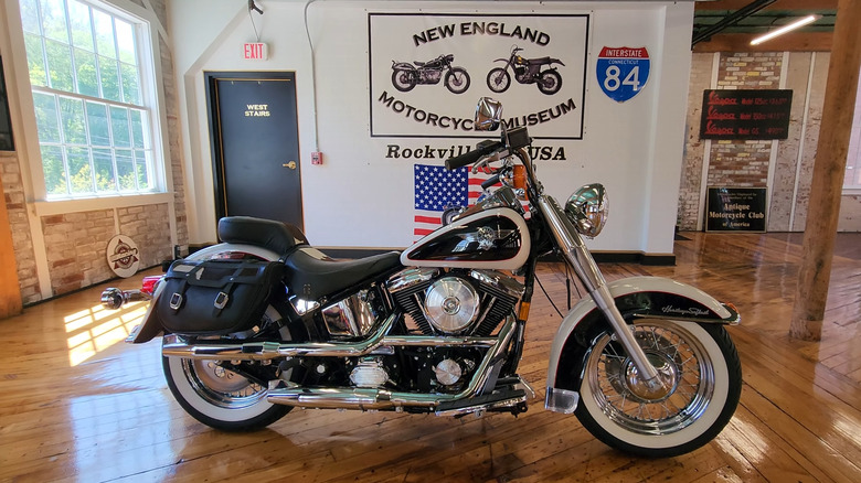 The legendary Cowglide or mooglide Harley Davidson Heritage Softail Classic displayed here indoors