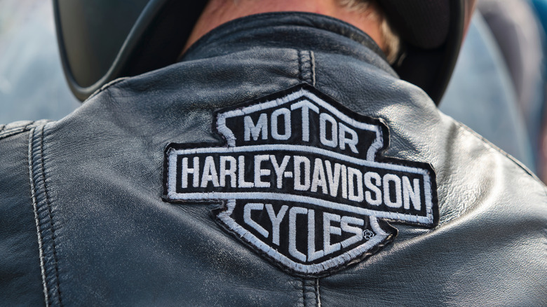 The Harley-Davidson motor cycles logo o a black leather jacket, back view