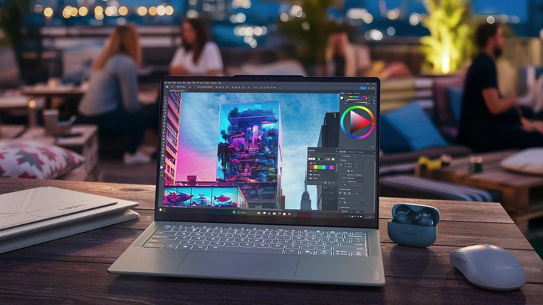 The Yoga Slim 7i Ultra Aura Edition on a table.