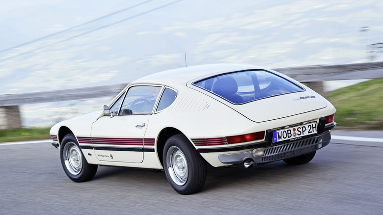 Volkswagen SP2 coupe cornering at speed rear 3/4 view