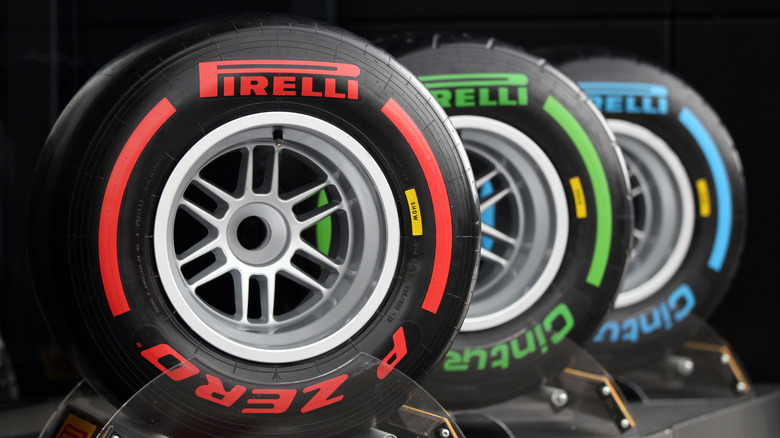 three pirelli tires on display