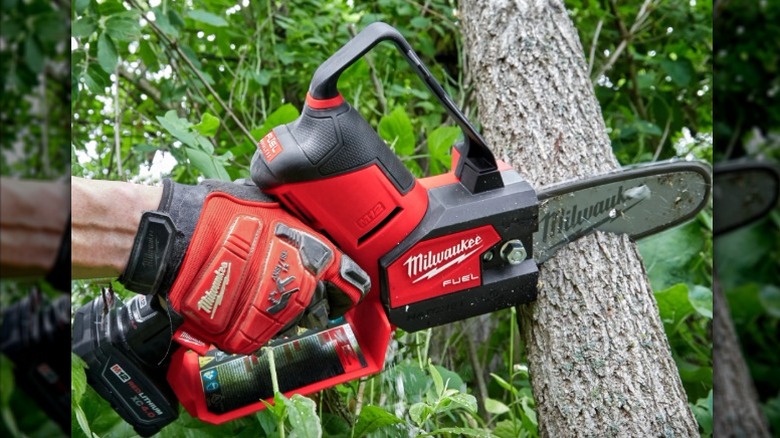 Cutting a tree branch with a Milwaukee chainsaw.