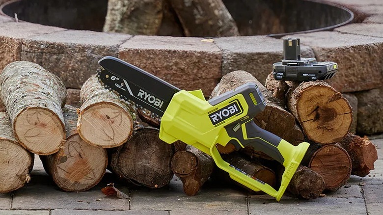 Ryobiv 18V One+ 6-inch Pruning Chainsaw resting against cut logs