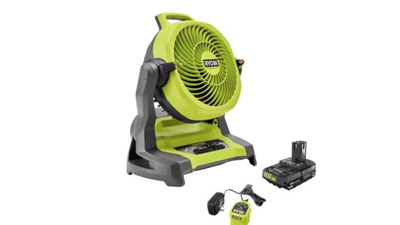 Ryobi 18V ONE+ Bucket Top Misting Fan Kit on display in green