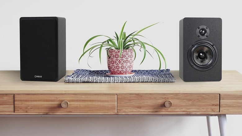 A pair of Micca bookshelf speakers kept on a wooden table