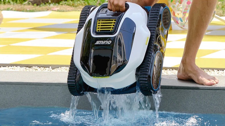Getting a Spino robot cleaner out of a swimming pool.