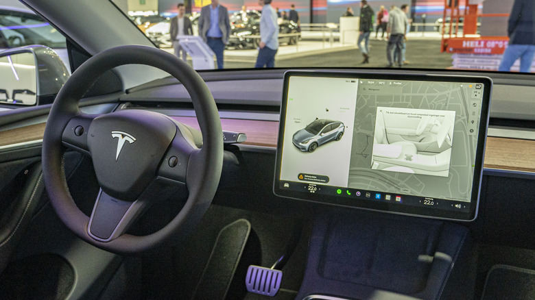 A Tesla Model Y in display at an auto expo in Belgium