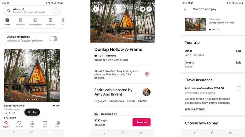 Capturas de tela do aplicativo Airbnb mostrando a interface do usuário