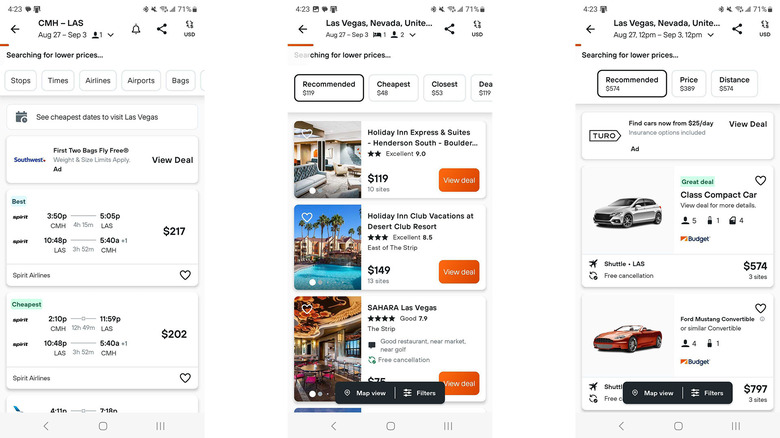 Kayak screenshots showing travel deals