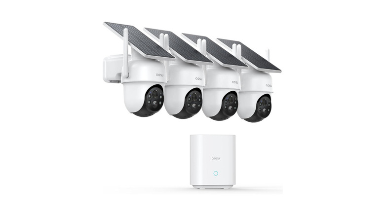 Set of four Aosu solar security cameras with receiver