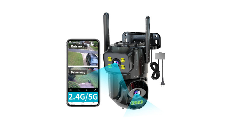 Letscee dual-lens security camera with a smartphone next to it