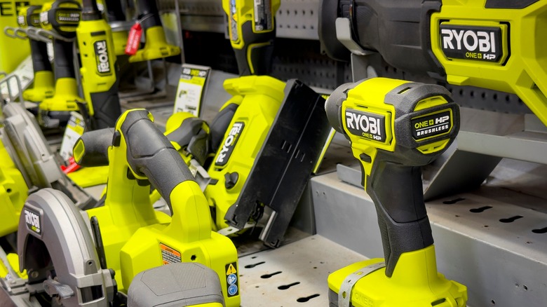 a display of various ryobi power tools