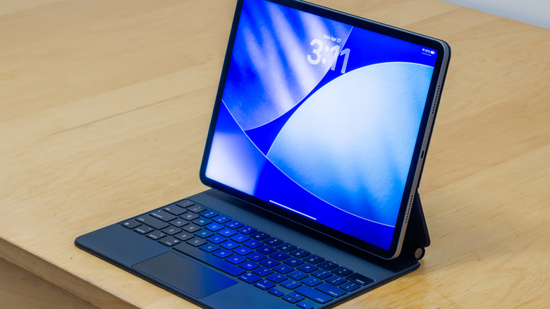An iPad Pro with a Apple Magic Keyboard.