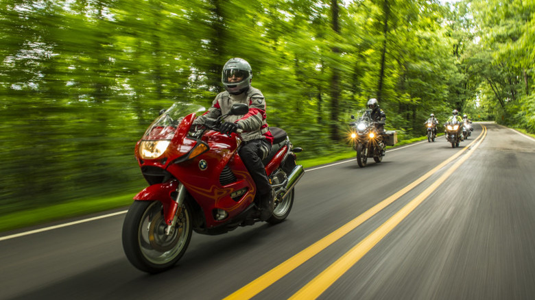 Group of motorcyclists riding along the scenic Pig Trail in Arkansas, surrounded by lush green forest and curving pavement under a canopy of trees.