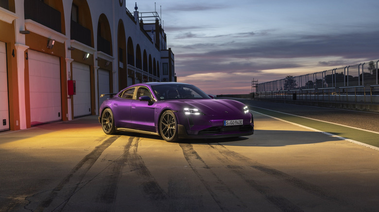 Taycan Turbo GT with Weissach package in Purple Sky Metallic seen from right front