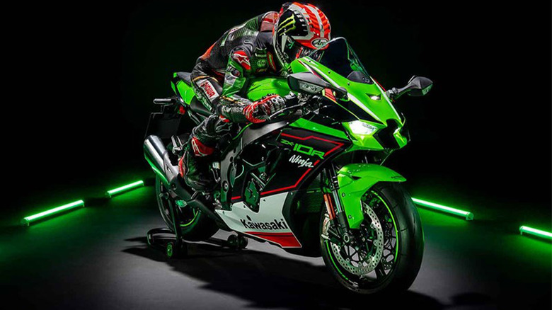 A green Kawasaki ZX-10R against a black background