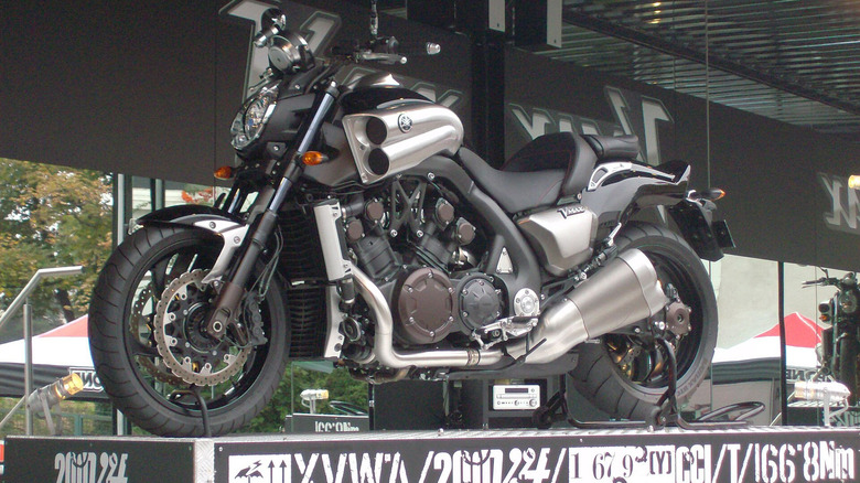 A Yamaha VMAXS motorcycle on display