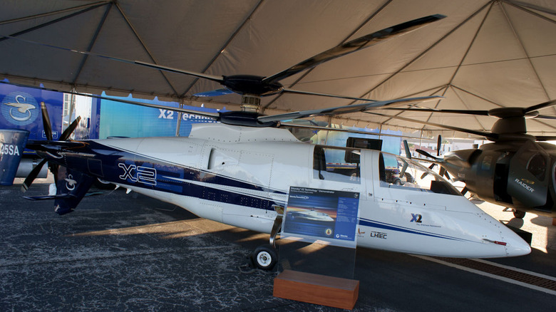 Sikorsky X2 helicopter on display under tent