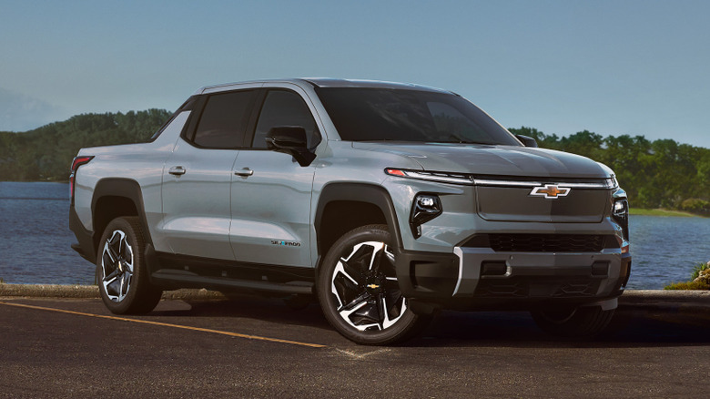 Chevrolet Silverado EV by a lake