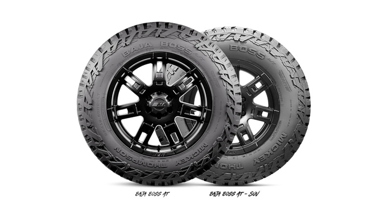The Mickey Thompson Baja Boss A/T tires on a white background