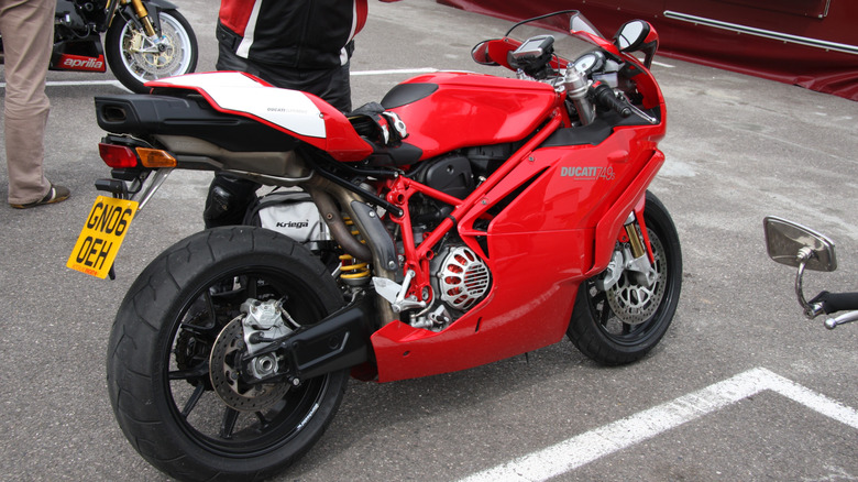Rear view of red Ducati 749R in parking lot