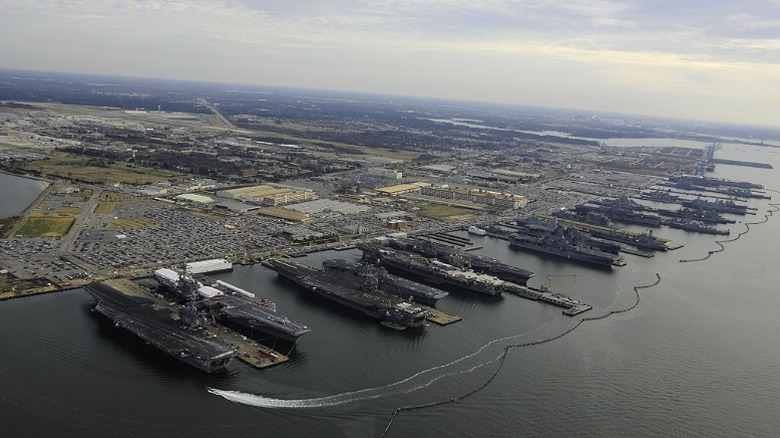 Vast view of the Naval Station Norfolk shot from high up in the sky