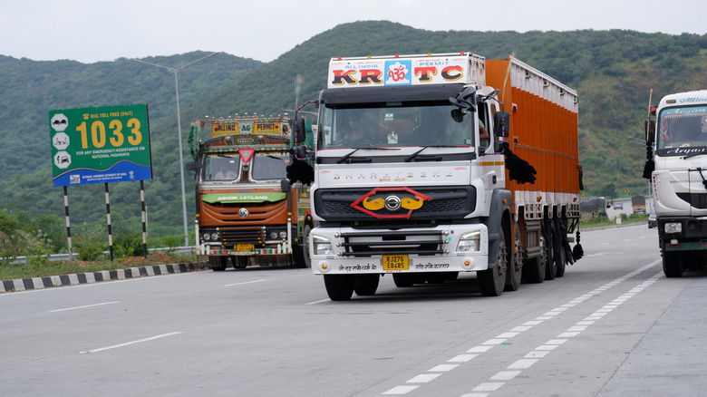 Trucks on the NH48 Highway, part of the Golden Quadrilateral.