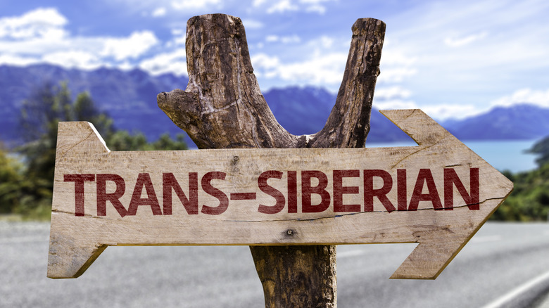 A sign on the Trans Siberian Highway pointing to the railway.
