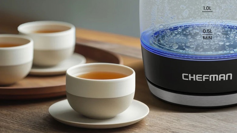 Chefman Electric Kettle next to cups of tea