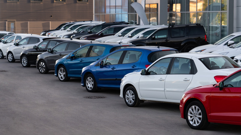 Used cars in a dealership parking lot