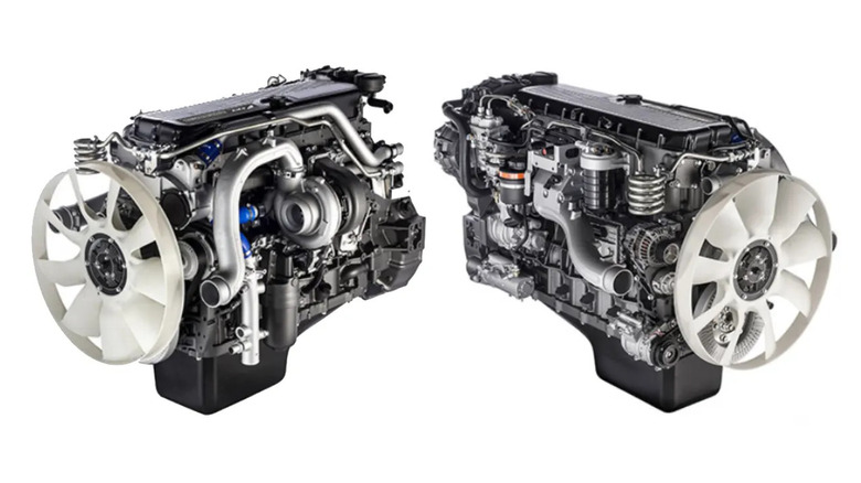 Two views of a Cursor 13 diesel engine for semi trucks, showing its large white cooling fan, complex turbocharger system, and compact high-performance design.