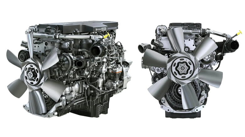 Two views of the Detroit DD13 diesel engine, showcasing its front and side profiles with a large cooling fan, turbocharger, and detailed components used in heavy-duty trucks.