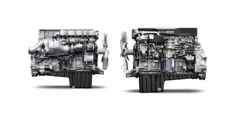 wo side views of the Detroit DD16 diesel engine, highlighting its large white cooling fan, detailed turbocharger and exhaust systems, and complex mechanical layout for heavy-duty trucks.