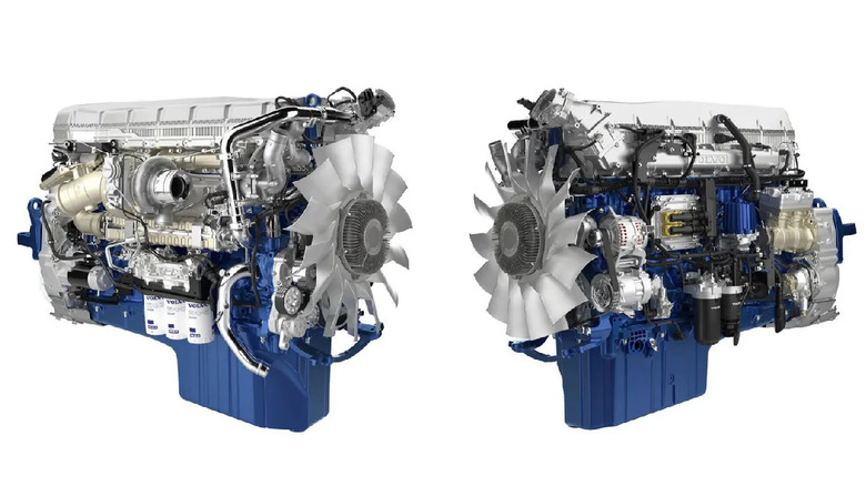 Two detailed views of the Volvo D17 diesel engine, featuring a blue engine block, large silver cooling fan, visible turbocharger and filtration systems, designed for high-performance heavy-duty trucks.