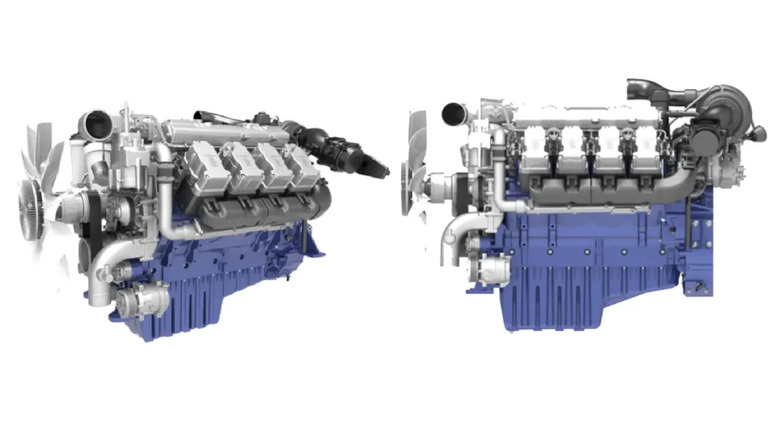 Two views of the Weichai WP17H diesel engine, featuring a blue engine block, prominent V-type cylinder configuration, dual turbochargers, and a large white front-mounted cooling fan.