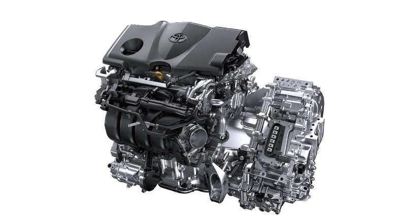 A 3-D model of the Toyota A25A-FKS four-cylinder engine from the 2020 Camry against a white backdrop.